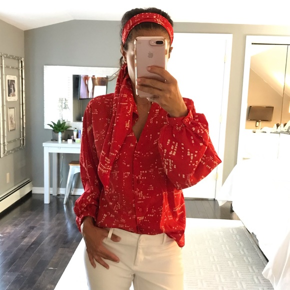 Halston Tops - HALSTON lll red white blouse head neck tie inc 12
